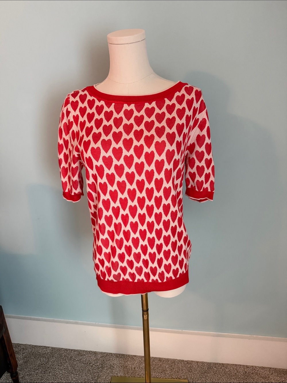 Ann Taylor Red and White Heart-Print Scoop Neck Sweater